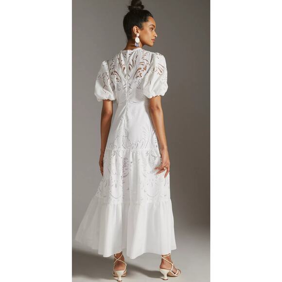 Shoshanna Midnight Bright White Eyelet Puff-Sleeve Maxi Dress Size 8 - Picture 2 of 16